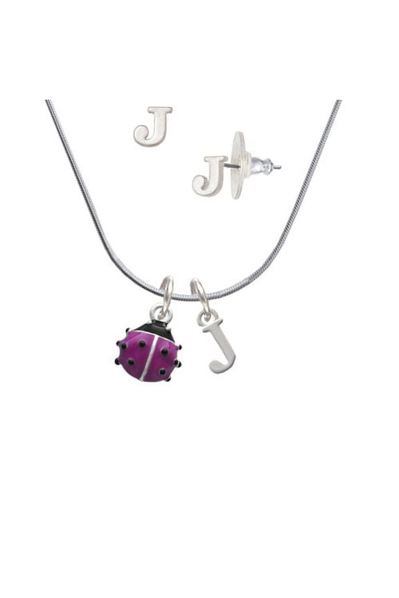 Mini Hot Purple Ladybug - J Initial Charm Necklace and Stud Earrings Jewelry Set