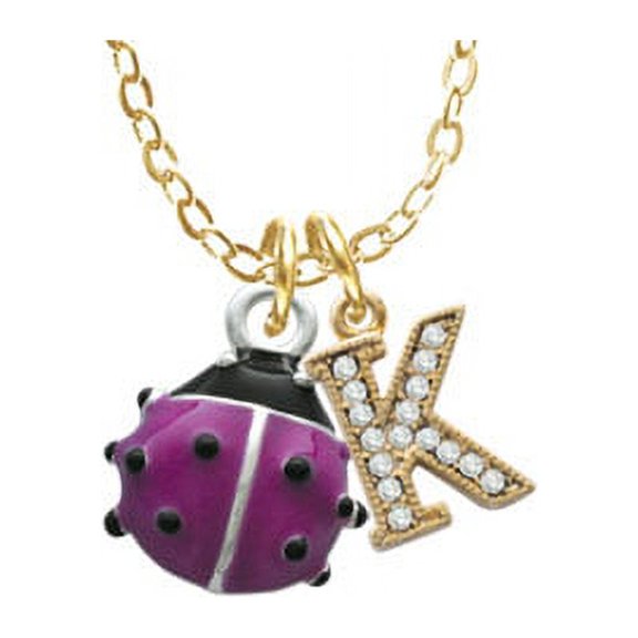 Mini Hot Purple Ladybug - K - Gold Tone Crystal Initial Sophia Necklace, 18"+1"