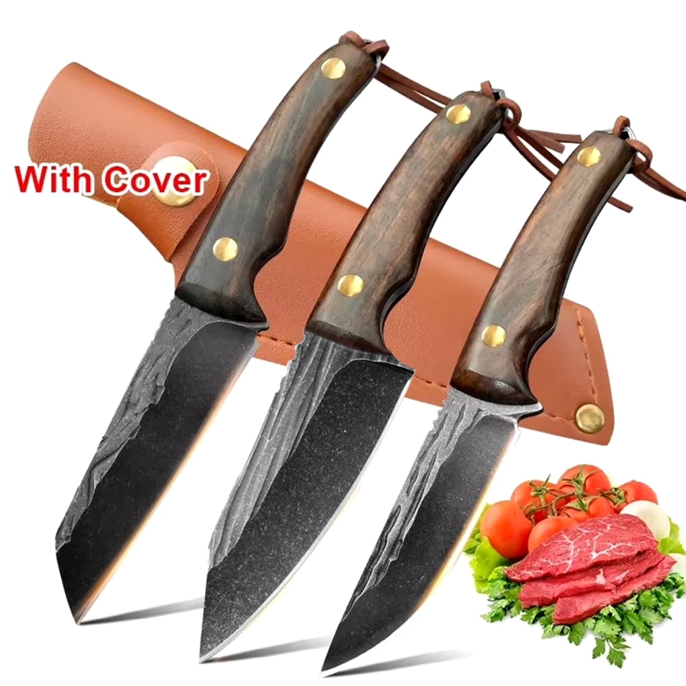 Fixed Blade Knife 3PCS High Carbon Steel Butcher Knives Set Full Tang Mini Hunting Knife with Leater Sheath Wood Handle and Paracord Lanyard for Outdoor Camping Bushcraft