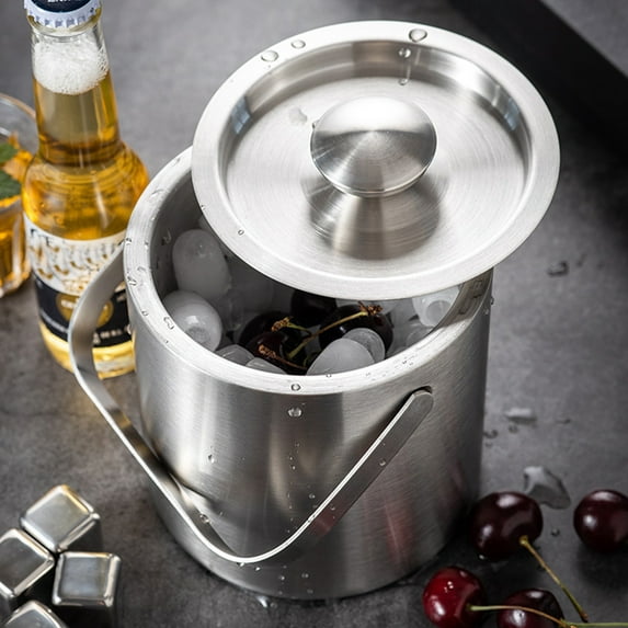 Mini Ice Bucket Portable Double Wall Ice Bucket with Lid, Stainless Steel Hotel Bucket/Champagne Bucket/Beverage Bucket,Size 1.3 Liters 5.5 x 5.5 in,Serveware for Party,Event,and Camping