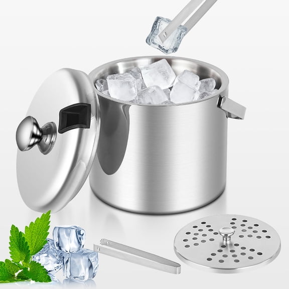 Mini Ice Bucket Portable Double Wall Ice Bucket with Tong,Stainless Steel Hotel Bucket/Champagne/Beverage Bucket,Size 1.3 Liters 5.5 x 5.5 in,Serveware for Party,Event,and Camping.