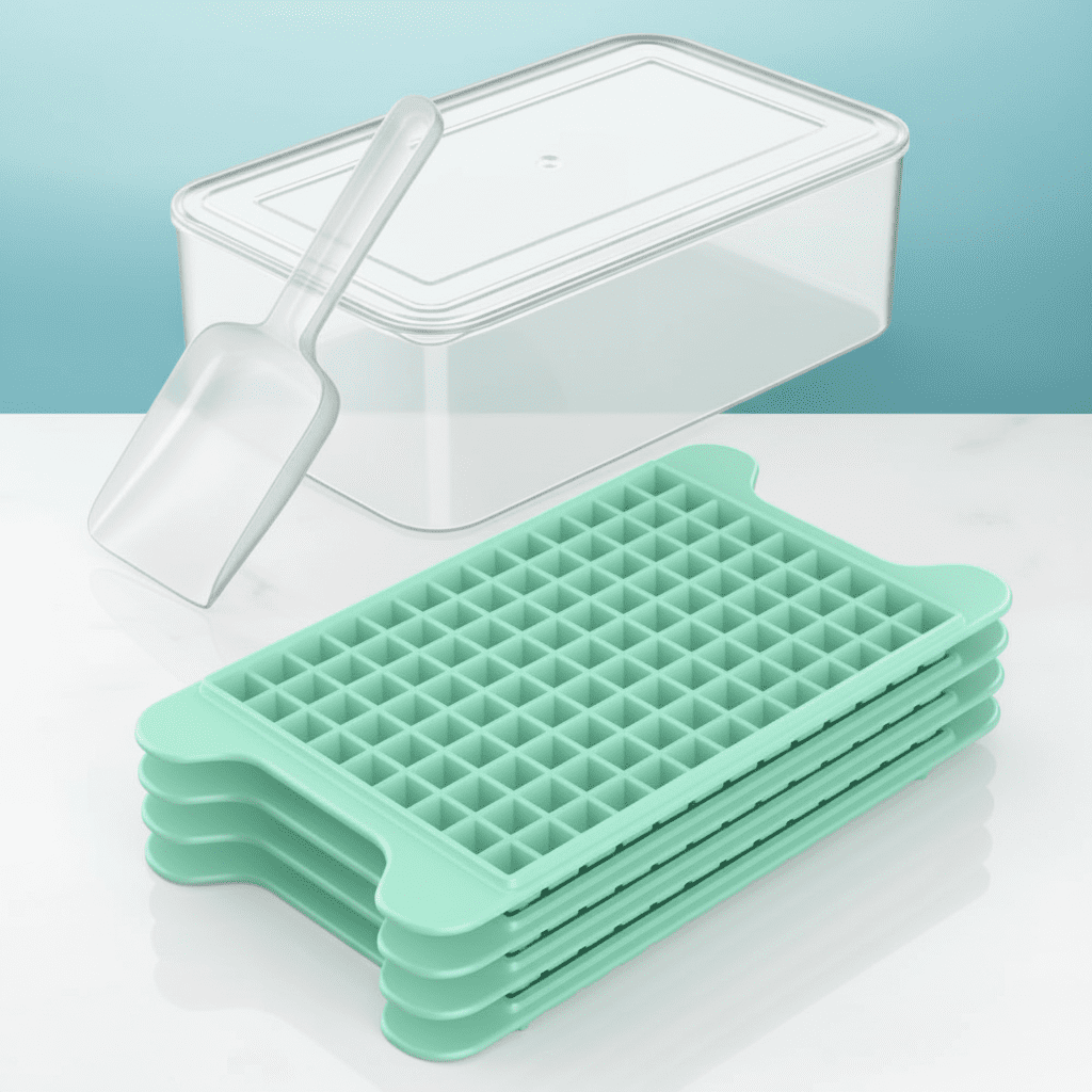 Mini Ice Cube Tray for Freezer with Storage Bin - 117 PCs 4-Pack Small Nugget Ice Cube Trays, Easy Release Crushed Ice Maker with Container, Compact Ice Mold for Countertop
