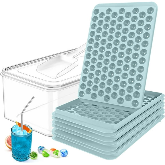 Mini Ice Cube Tray Pack of 4 Round Ice Mold Trays Carry 104 Tiny Pebble Cubes Freezer Ice Tray with Bin Stainless Steel Straw & Ice Scoop Easy Release BPA-Free for Coffee, Cocktails, Drinks - Blue