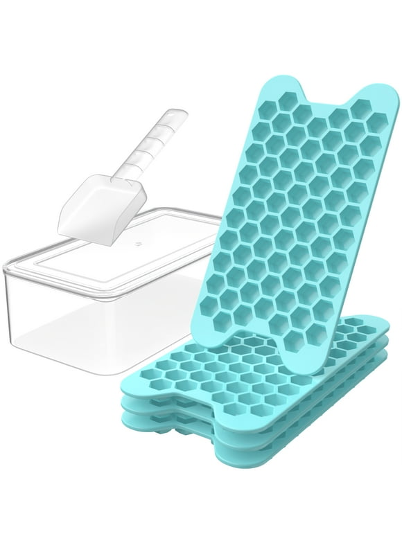 Mini Ice Cube Tray with Lid and Bin: TINANA 71×4 PCS Hexagonal Small Ice Trays for Freezer - Easy Release Honeycomb Nugget Ice Tray with Lid - Blue