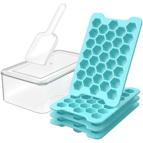 Mini Ice Cube Tray with Lid and Bin: TINANA Hexagonal Small Ice Trays for Freezer - Easy Release Honeycomb Nugget Ice Tray with Lid - Blue