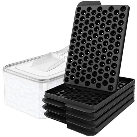Mini Ice Cube Trays, 0.55” Tiny Pebble Ice for Iced Coffee & Cocktails, Fast Chill, Easy Twist Release, Stackable with Lid & Storage Bin (4 Pack, Black)