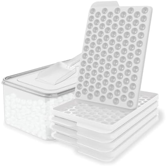 Mini Ice Cube Trays, 0.55” Tiny Pebble Ice for Iced Coffee & Cocktails, Fast Chill, Easy Twist Release, Stackable with Lid & Storage Bin (4 Pack, White)