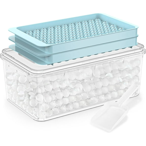 Mini Ice Cube Trays 2 Pack, Round Ice Trays for Freezer with Bin and Ice Scoop, Easy Release Ice Ball Maker Mold for Making 2x104 Sphere Ice Balls for Chilling Cocktail Whiskey Tea Coffee