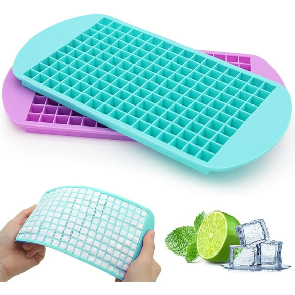 Mini Ice Cube Trays Set of 2-160 Small Ice Cubes Silicone Mold for Whiskey, Cocktails, Water Bottles - BPA Free Flexible & Stackable Ice Maker (Cyan&Purple)