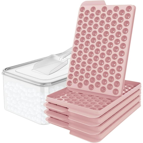 Mini Ice Cube Trays, Upgraded Small Trays Easy Release, 104x4 PCS Tiny Tray Crushed for Chilling Drinks Coffee Juice(4Pack Pink trays & Bin Scoop)