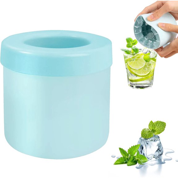 Mini Ice Maker and Cup, Silicone Cube Molds - 60 Ice Cubes, Easy-Release (Blue-Green)