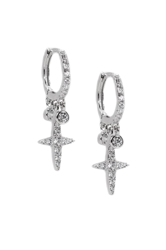 Mini Iced Cz White Gold Sterling Silver Dangle Drop Hanging Cross Hoop Earrings