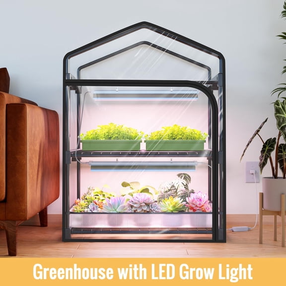 Mini Indoor Greenhouse with Grow Light, 2-Tier Plant Stand with PVC Tent, Ventilation Window, Bottom Pouch, 20W Full Grow Light with Timer, for Seed Starting, 27" L x 19" W x 35" H