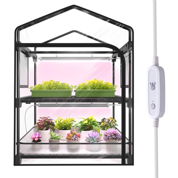 Mini Indoor Greenhouse with Grow Light, 2-Tier Plant Stand with PVC Tent, Ventilation Window, Bottom Pouch, 20W Full Spectrum Grow Light with Timer, for Seed Starting, 27" L x 19" W x 35" H