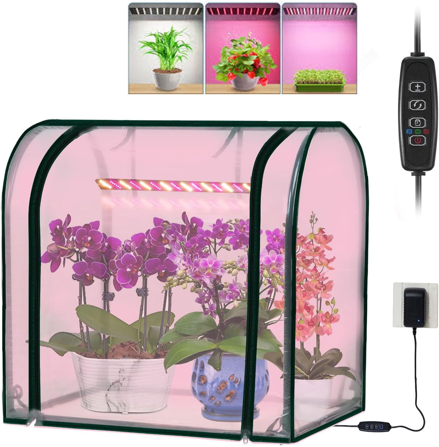 Mini Indoor Greenhouse with Grow Lights, 27.2" L X 19.9" W X 27.2" H Desktop Small Greenhouse with Zippered Door and PVC Cover for Seed Starting, 1.6FT Plant Light for Indoor Plants with Timer