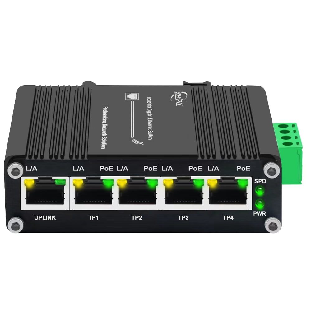 Mini Industrial 5 Ports Gigabit Ethernet Switch 4×10/100/1000BASE-T 802.3at PoE + 1×10/100/1000T Ethernet Switch Din Rail Mount 12~48V DC