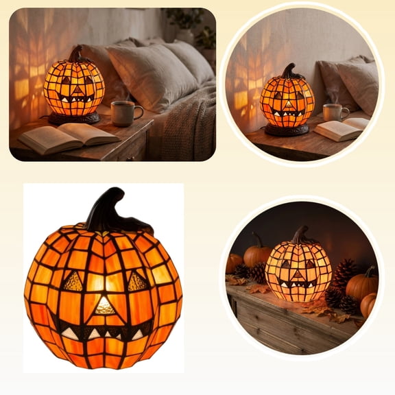 Mini Jack O Lantern Tiffany Style Lamp, Resin Stained Glass Pumpkin Accent Light, Spooky Halloween Tabletop Decor Light for Coffee Table Window Cabinet Party Ornament