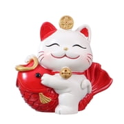 Mini Japanese Maneki Neko Lucky Fortune Cat Figurine - Maneki Neko Lucky Cat Figurines with Fish, Caishen Cat, Cute Wealth Cat Figurines Fortune Decor Ornaments for Home Decor