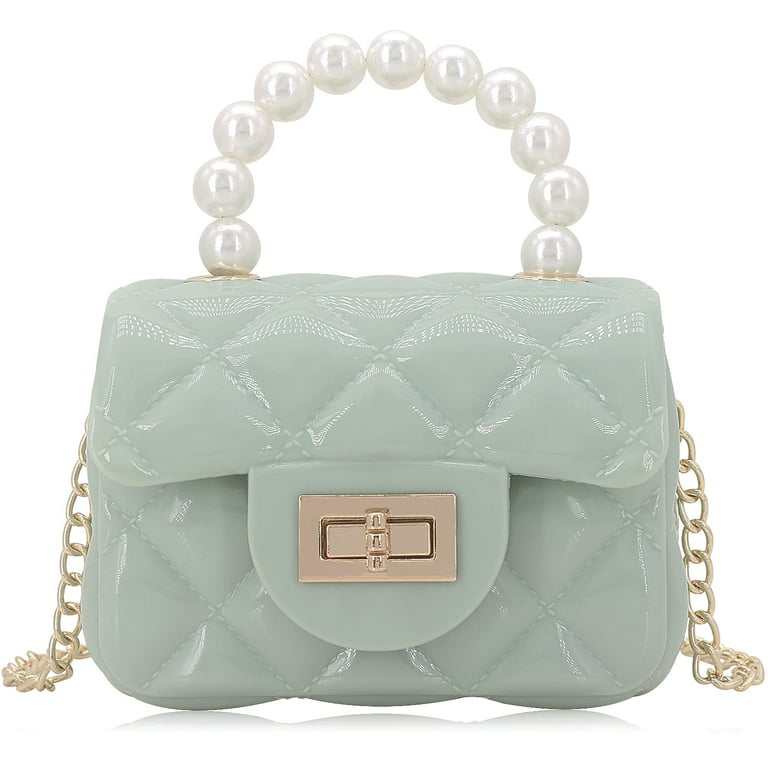 HONSITML Mini Jelly Purse Flap Handbag with Pearls Top Handle Faux Quilted Crossbody Bag(Light Green), Women's, Size: Small