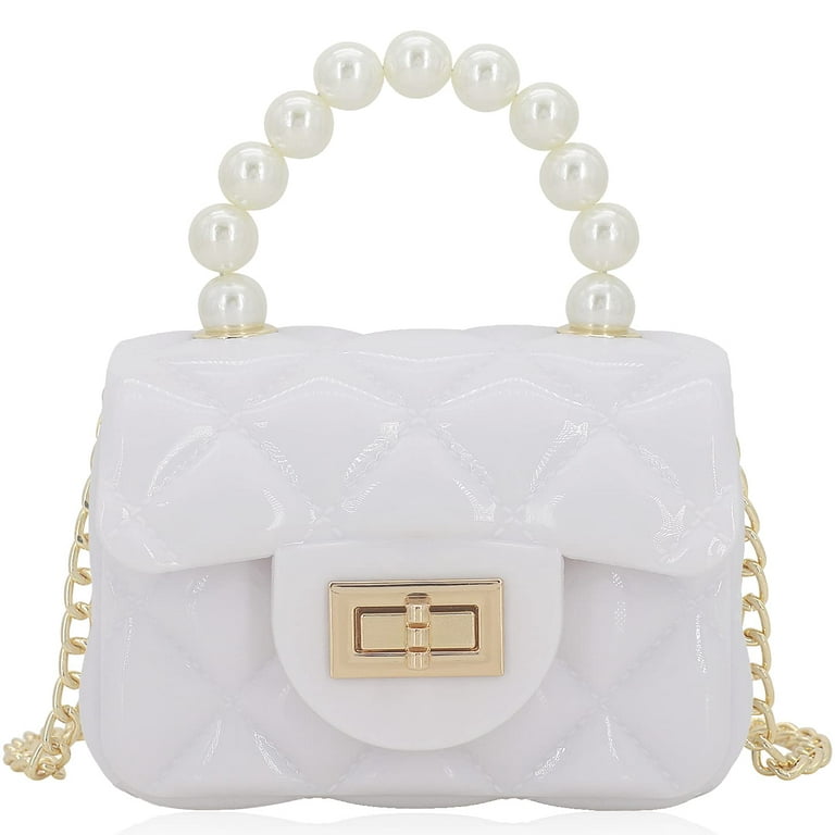 Clutch with chain - Lambskin, imitation pearls & gold metal, white —  Fashion