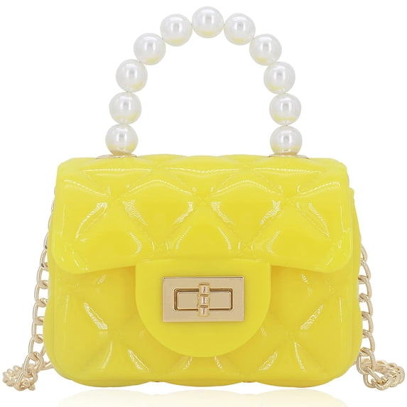 MINKUROW Mini Jelly Purse Flap Handbag with Pearls Top Handle Faux Quilted Crossbody Bag(Yellow)