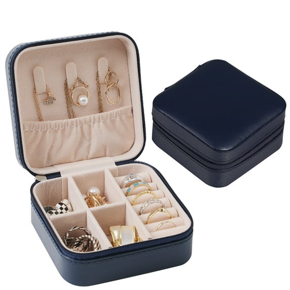 Mini Jewelry Box, Travel Jewelry Case for Women Girls, Leather Small Jewelry Travel Organizer Jewelry Display Box, Portable Storage Box for Necklace Earring Ring Pendant, Navy Blue