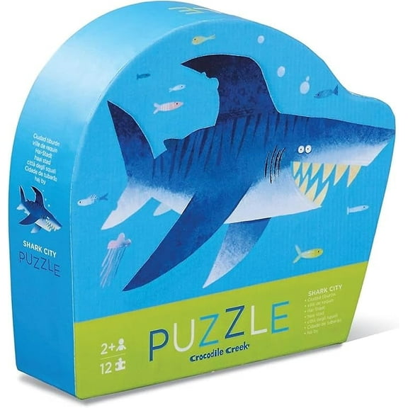 Crocodile Creek 12-Piece Mini Jigsaw Puzzle - Fun Floor Puzzles for Kids Ages 2-4 and Up - Heavy-Duty Shaped Box for Storage - Shark City - 12 x 9 inches Finished