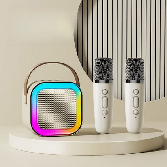 Mini Karaoke Bluetooth Speaker Set with 2 Wireless Microphones and RGB Musical Light, White