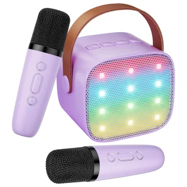 Mini Karaoke Machine with 2 Wireless Microphones for Kids Adults, Portable Bluetooth Speaker with LED Lights & 4 Magic Voices, Birthday Gifts for Girls Age 4-12(Purple)