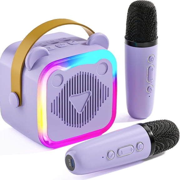 Mini Karaoke Machine with 2 Wireless Microphones, Portable Bluetooth Karaoke Speaker with LED Disco Lights, Cute Cat Ear Design for Kids & Adults, Party & Home Karaoke System