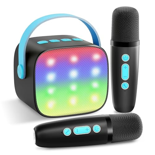 Mini Karaoke Machine with 2 Wireless Microphones,TOP Kids Gifts for Girls Ages 3,4,5,6,7,8,9,10,11,12 +Year Old,4-12 Years Old Birthday Toy Gift for Girls Boys Party (Black Blue)