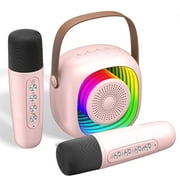 Mini Karaoke Machine for Kids Girls,Toys Birthday Gifts for Ages 4-12, Portable Bluetooth Speaker with 2 Wireless Microphones for Singing Party Outdoor Play, Pink