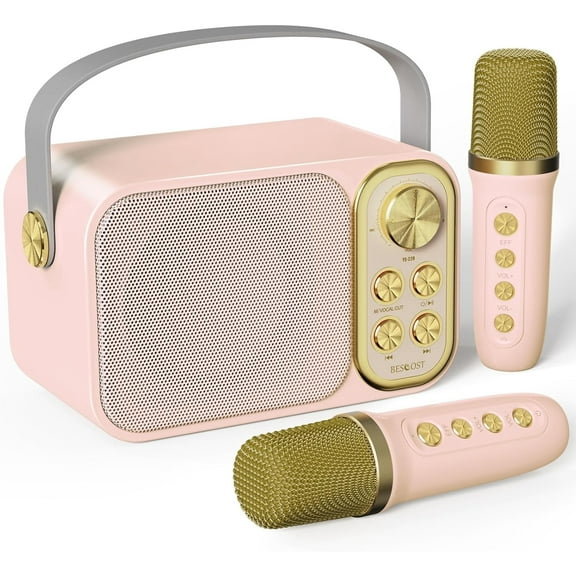 Mini Karaoke Machine for Kids Adults, Portable Bluetooth Speaker with 2 Wireless Microphones, Kids Karaoke Machine for Girls Boys, Toys Birthday Gifts for 4-12+ Years(Pink)