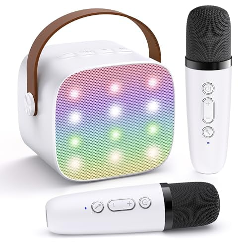 Mini Karaoke Machine for Kids Adults,Portable Bluetooth Speaker with 2 Wireless Microphones,Toys Birthday Gifts for Girls 3,4,5,6,7,8,9,10,11,12+ Years Old Toddler Teens(White)