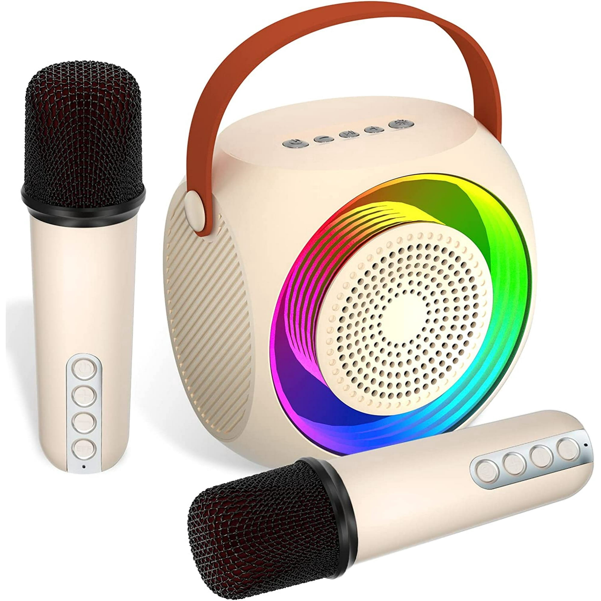 Mini Karaoke Machine for Kids Adults, Portable Karaoke Speaker with 2 Wilreless Microphones and Bluetooth for Home Party, Birthday Gifts for Boys/Girls,Beige