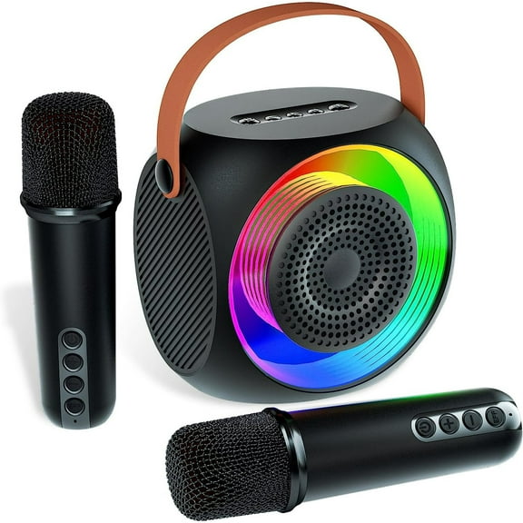 Mini Karaoke Machine for Kids Adults, Portable Karaoke Speaker with 2 Wilreless Microphones and Bluetooth for Home Party, Birthday Gifts for Boys/Girls,Black
