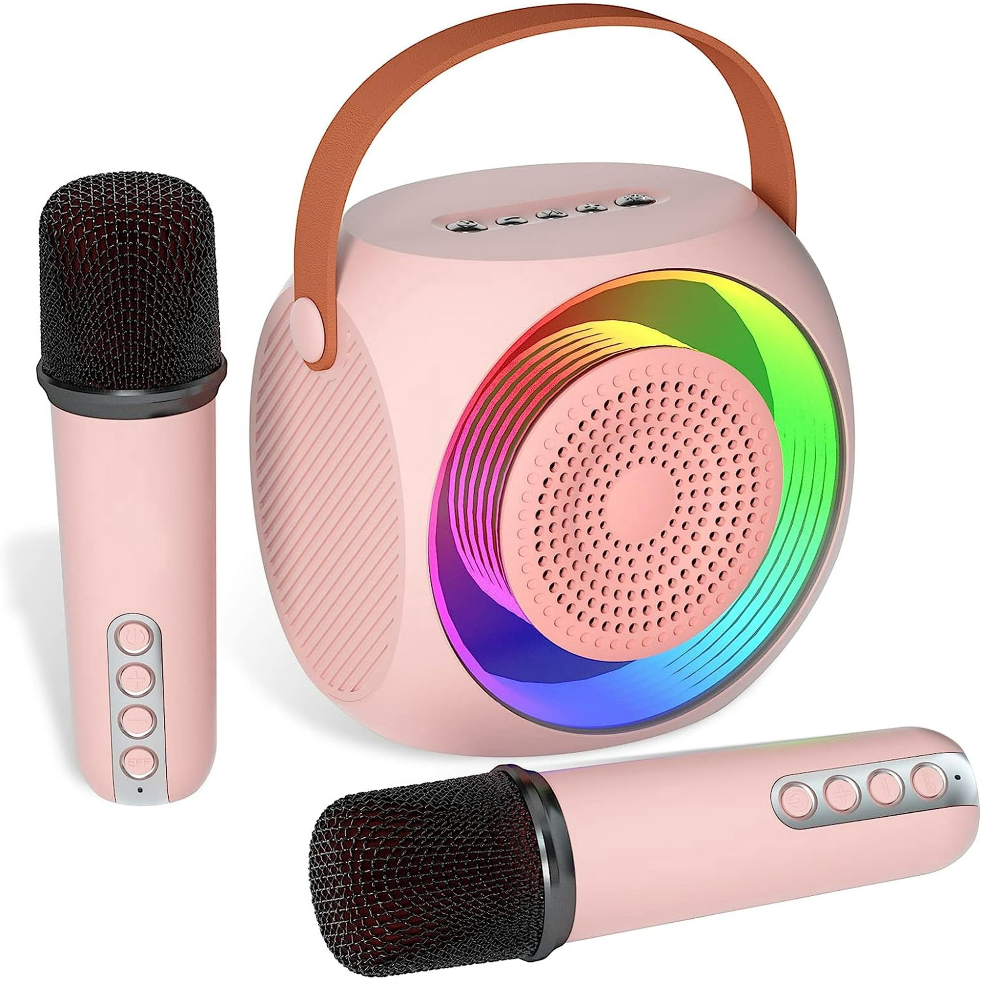 Mini Karaoke Machine for Kids Adults, Portable Karaoke Speaker with 2 Wilreless Microphones and Bluetooth for Home Party, Birthday Gifts for Boys/Girls,Pink