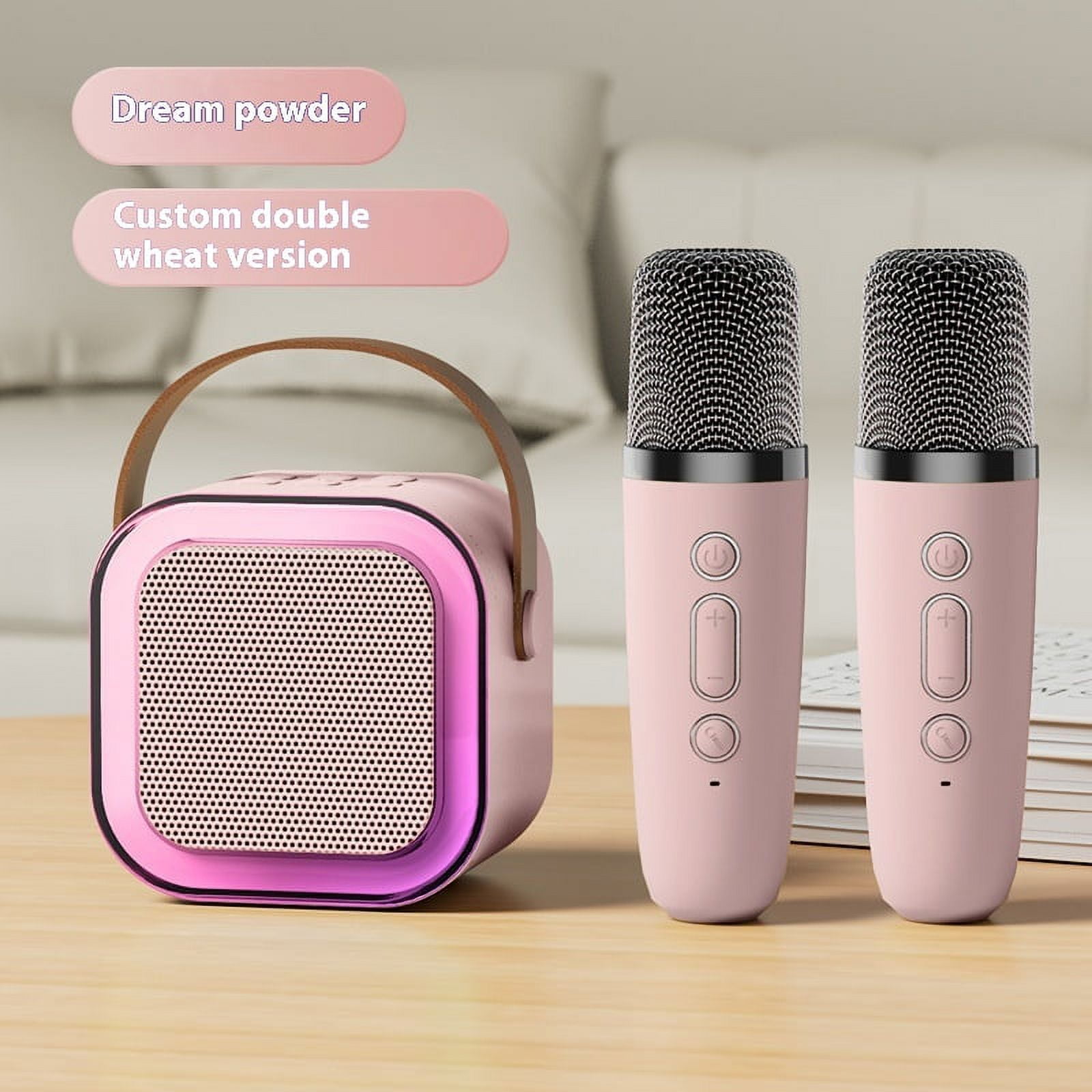 Mini Karaoke Machine for Kids, Portable Bluetooth Karaoke Singing Speaker with 2 Wireless Mics, Colorful Lights, Birthday Gifts for Girls Boys Home Party, Beige
