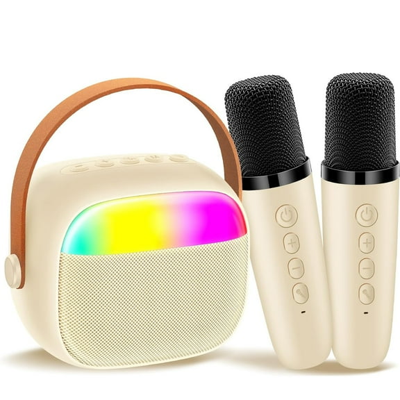 Mini Karaoke Machine for Kids, Portable Bluetooth Karaoke Singing Speaker with 2 Wireless Mics, Colorful Lights, Birthday Gifts for Girls Boys Home Party, Beige