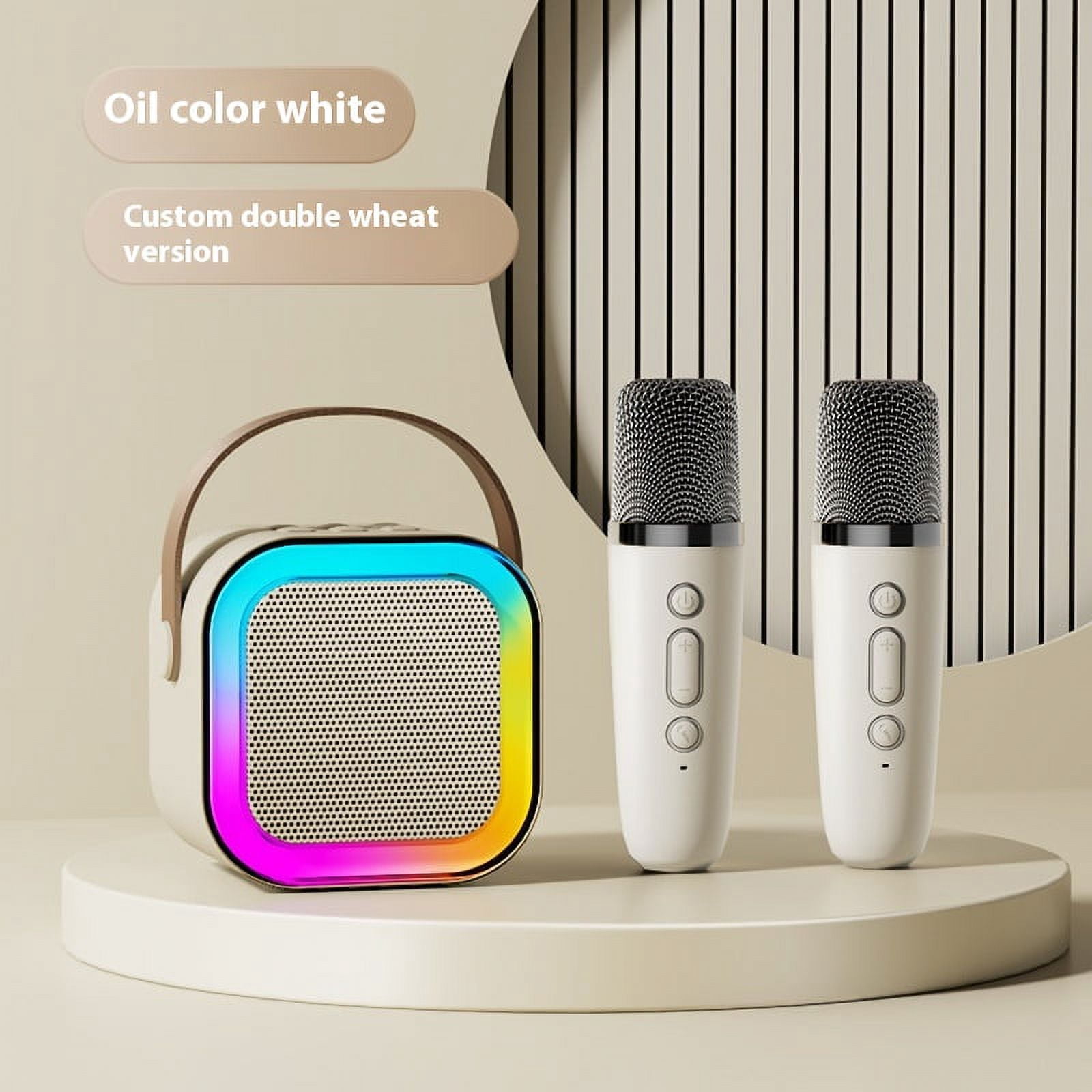 Mini Karaoke Machine for Kids, Portable Bluetooth Karaoke Singing Speaker with 2 Wireless Mics, Colorful Lights, Birthday Gifts for Girls Boys Home Party, Beige