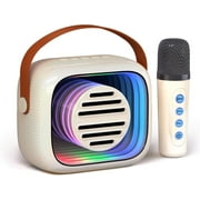 Mini Karaoke Machine for Kids, Portable Bluetooth Speaker with Microphone, 5 Voice Changing Effects, Colorful Lights for Christmas and Birthday Gifts -Beige