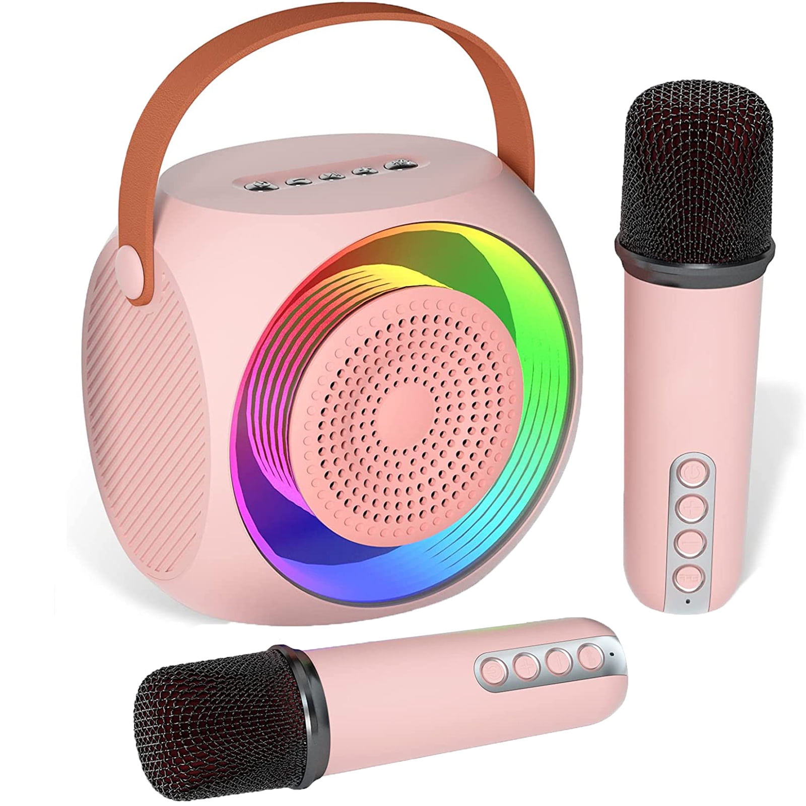 Mini Karaoke Machine, Portable Wireless Speaker with 2 Wireless Microphones, Compatible with Bluetooth-Enabled Devices, for Children and Adults, with LED Lights.-Pink