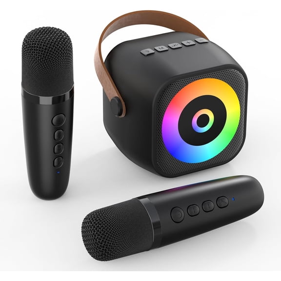 Mini Karaoke Machine, Portable Bluetooth Speaker with 2 Wireless Mics for Kids and Adults, Birthday Gifts Girls Boys 3-12+ Years Old Party Home Black