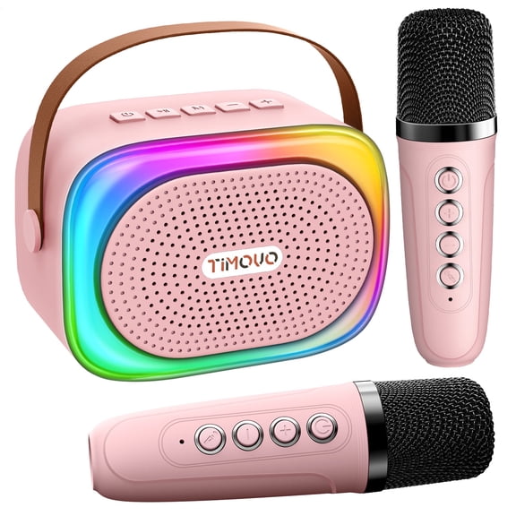 Mini Karaoke Machine, Portable Speaker with 2 Wireless Microphones, Gifts for Kids Adults, Pink