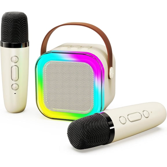 Mini Karaoke Machine with 2 Mics, Bluetooth Speaker, RGB Light, Voice Changer for Kids/Party