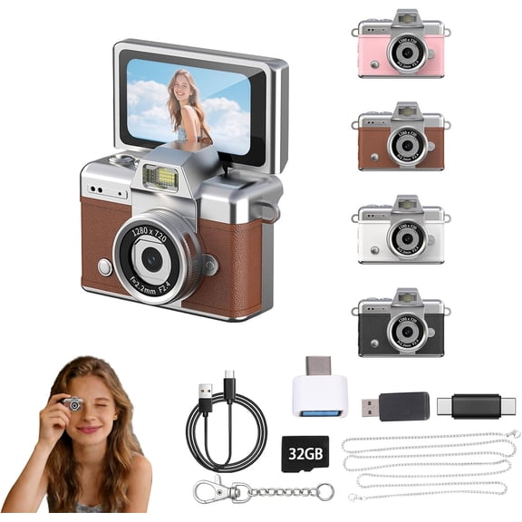 Mini Keychain Camera,1080P Mini Digital Camera,Retro Flip Screen Small Bodycam,Pocket-Sized with Adapter and 32GB Card (Expandable to 128GB),Novelty Gadgets,for Kid,Travel,Vlog,Collection