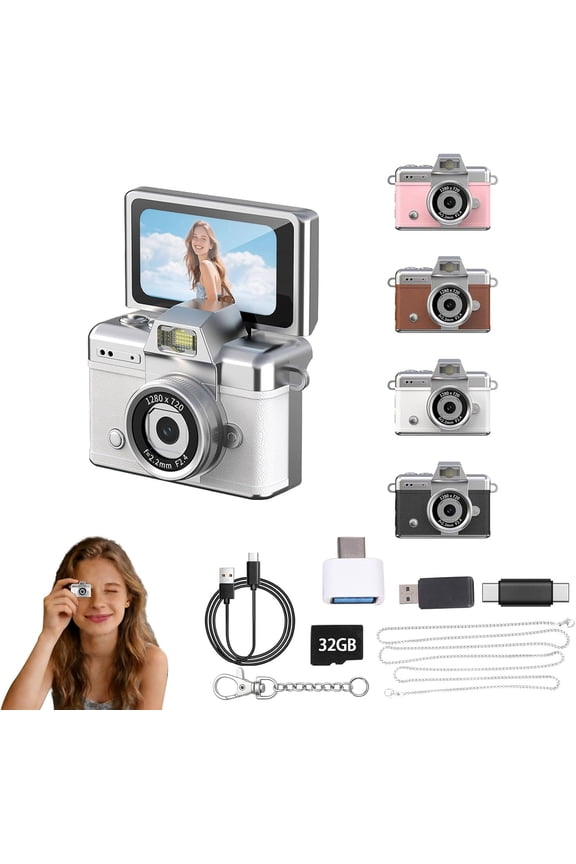 Mini Keychain Camera,1080P Mini Digital Camera,Retro Flip Screen Small Bodycam,Pocket-Sized with Adapter and 32GB Card,Novelty Gadgets,for Kid,Travel,Vlog,Collection White