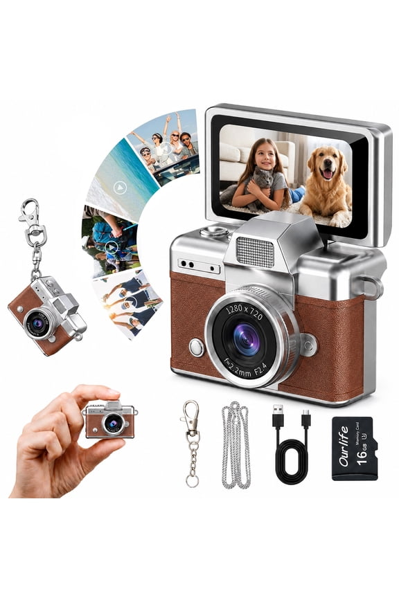 Mini Keychain Digital Camera, 1.47" Flip Screen, 1MP HD Photo, Built-in Flash, 16GB Card, Portable Retro Camera, Brown
