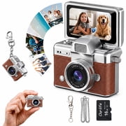 Mini Keychain Digital Camera, 1.47" Flip Screen, 1MP HD Photo, Built-in Flash, 16GB Card, Portable Retro Camera, Brown