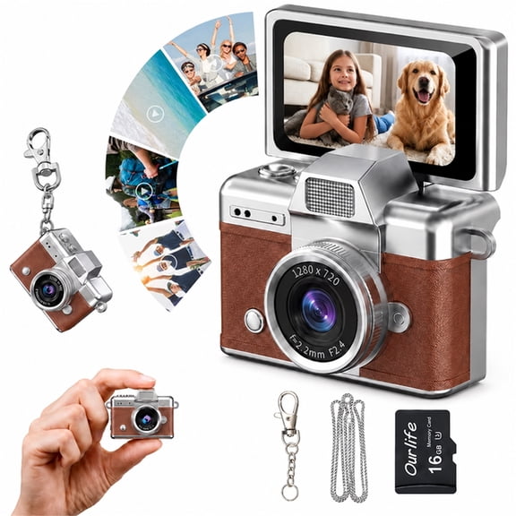 Mini Keychain Digital Camera, 1.47" Flip Screen, 1MP HD Photo, Built-in Flash, 16GB Card, Portable Retro Camera, Brown